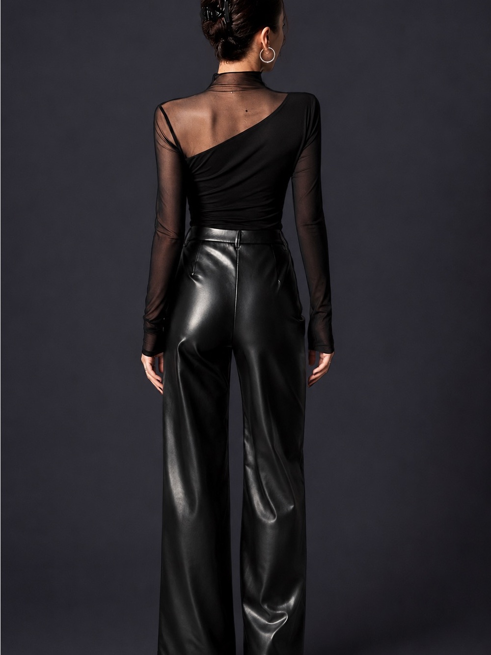 Black Sheer Mesh Long-Sleeve Top - Elegant Women's Top - Picture 2 of 5